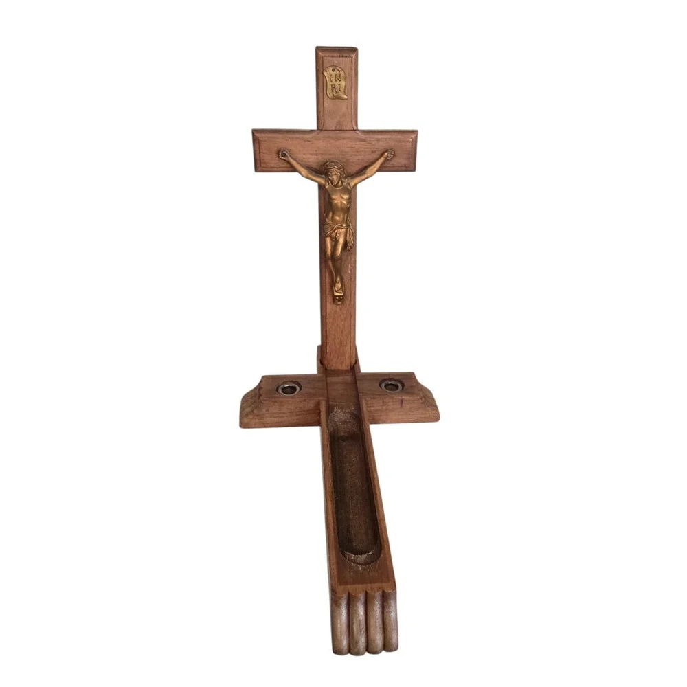 Vintage Wooden Last Rites Wall Cross‎ Crucifix Catholic Sick Call Religious Box